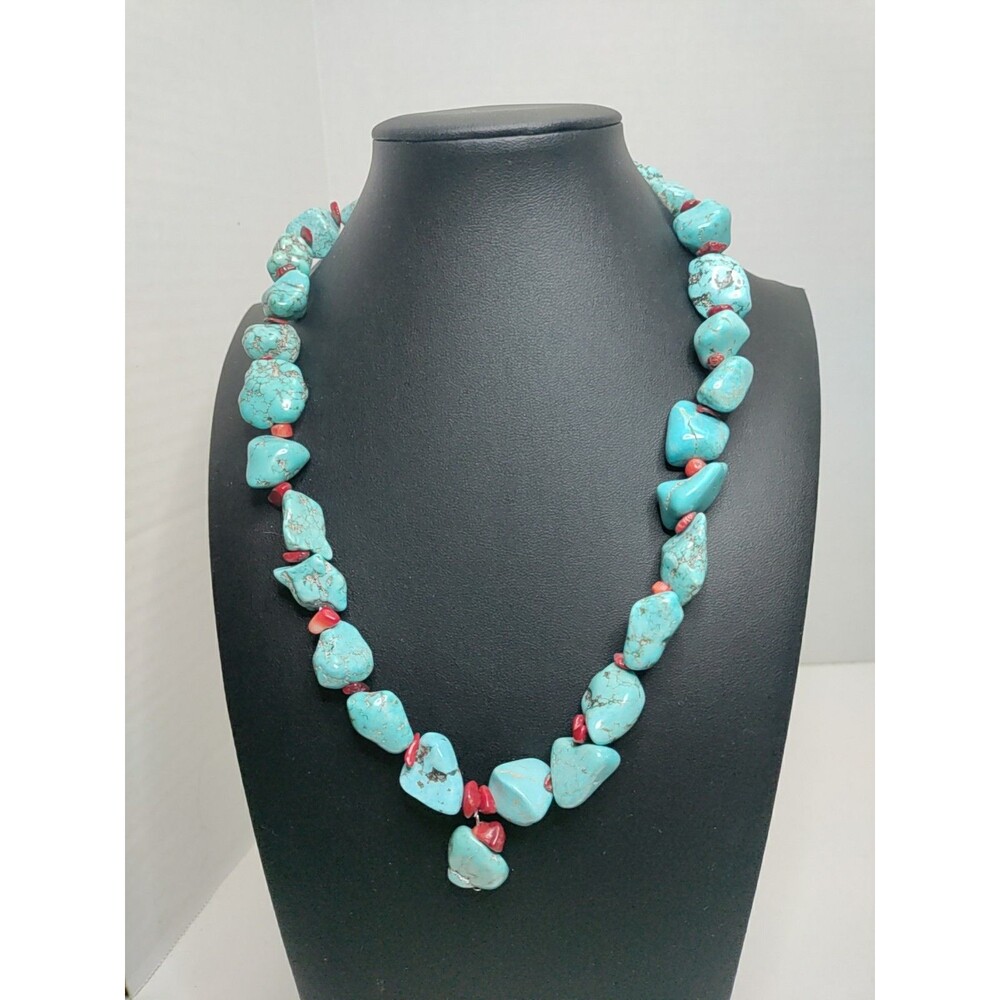 Natural  10-14mm Irregular Turquoise W/ Red Coral Necklace 18''